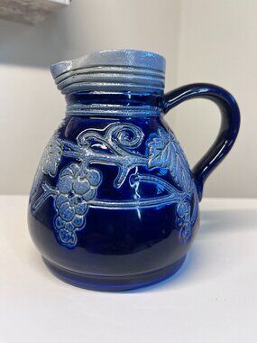 Vintage French Alsace cobalt blue salt glazed stoneware pitcher